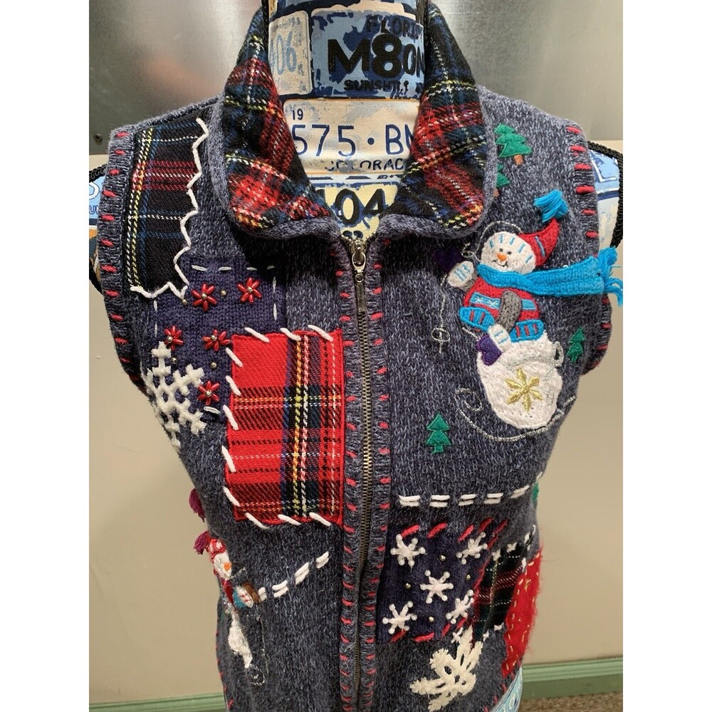 Studio Joy Women's Cotton Beaded Winter Vest Plaid Collar Size P/S EXCELLENT